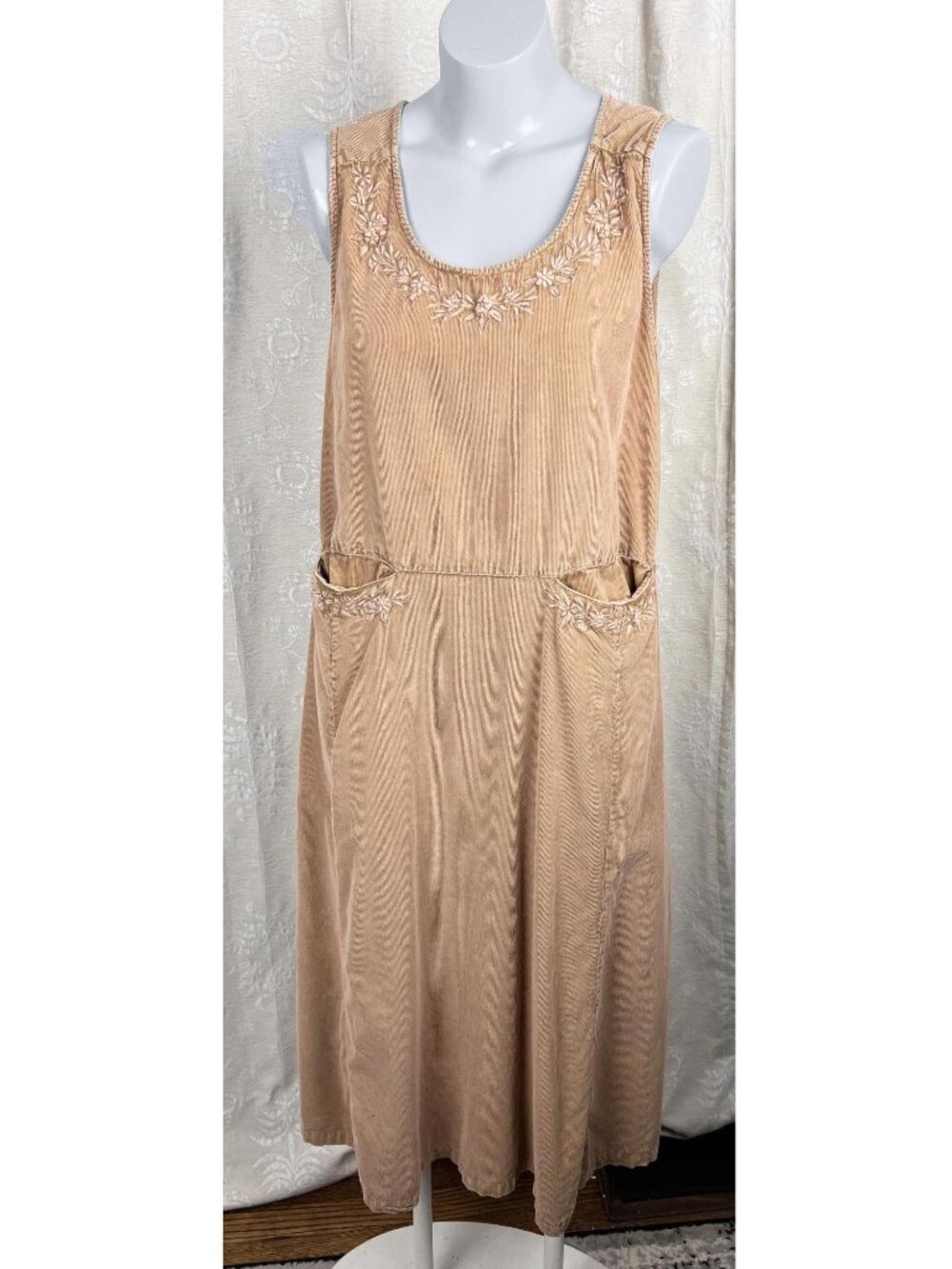 April Cornell embroidered corduroy A-line maxi dress cottagecore boho peasant L
